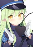  1girl black_hat black_shirt black_tail blue_archive blush closed_mouth demon_tail earrings gloves green_hair hat highlander_sidelocks_conductor_(blue_archive) highres jewelry long_hair long_sleeves peaked_cap pointy_ears sasai_nakoto shirt sidelocks simple_background single_earring solo tail upper_body white_background white_gloves yellow_eyes 