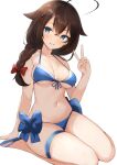  1girl ahoge bikini blue_bikini blue_eyes bow braid breasts brown_hair crossed_bangs flip-flops front-tie_bikini_top front-tie_top hair_between_eyes hair_bow hair_flaps hair_over_shoulder highres kantai_collection long_hair looking_at_viewer medium_breasts navel official_alternate_costume parted_lips red_bow sandals shigure_kai_san_(swimsuit)_(kancolle) single_braid sitting smile solo swimsuit thigh_strap v wariza white_background zarashi 