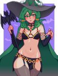  1girl absurdres breasts cloak cowboy_shot garter_straps green_cloak green_eyes green_hair hat highres holding holding_staff long_hair navel pixel_art red_nails solo staff thighhighs unicorn_overlord witch_hat yahna yumykon 