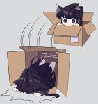  1girl absurdres animal_ear_fluff animal_ears artist_name barefoot blush box cardboard_box cat_ears chibi commentary face_down faceplant falling grey_background hands_up highres in_box in_container j_humbo komi-san_wa_komyushou_desu komi_shouko long_hair looking_at_viewer motion_lines no_nose peeking_out purple_eyes purple_hair signature simple_background solo swept_bangs very_long_hair 