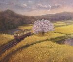  0zolvut2323nyus absurdres building bush cherry_blossoms crescent field highres moon mountain nihonga no_humans original painting_(medium) plant railroad_tracks road scenery traditional_media train tree watercolor_(medium) 