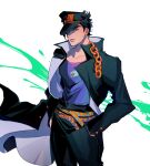  1boy belt black_hair black_jacket black_pants blue_eyes chain cowboy_shot english_commentary gakuran hands_in_pockets hat highres jacket jojo_no_kimyou_na_bouken kujo_jotaro long_sleeves looking_at_viewer male_focus oratoza pants school_uniform shirt short_hair solo t-shirt 