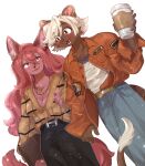  2girls animal_ears art_trade black_pants blonde_hair blush body_fur brown_cardigan brown_fur cardigan coffee_cup cowboy_shot cup disposable_cup dutch_angle english_commentary fangs fur-tipped_tail furry furry_female hair_between_eyes hand_up highres holding holding_cup jacket jewelry lion_ears lion_girl lion_tail long_hair long_sleeves looking_at_another multiple_girls necklace open_mouth orange_jacket original pants pink_fur pink_hair purple_eyes rata_(norahasu) short_hair simple_background standing tail very_long_hair white_background wolf_ears wolf_girl wolf_tail 
