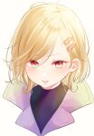  1other antenna_hair blonde_hair gnosia hair_between_eyes hair_ornament hairclip highres looking_at_viewer nekotemari other_focus red_eyes setsu_(gnosia) short_hair simple_background solo turtleneck white_background 
