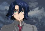  1boy artist_name athrun_zala blue_hair cloud cloudy_sky fumiko_(mesushi) green_eyes grey_shirt gundam gundam_seed gundam_seed_freedom looking_at_viewer necktie rain red_necktie shirt sky solo 