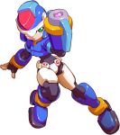  aile_(mega_man_zx) arm_cannon armor black_bodysuit blue_armor blue_footwear blue_helmet bodysuit boots crotch_plate energy_gun forehead_jewel green_eyes helmet highres makoto_yabe mega_man_(series) mega_man_zx model_x_(mega_man) official_art power_armor powering_up simple_background solo weapon white_background 