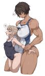  2girls blonde_hair blue_eyes breasts brown_hair competition_school_swimsuit dark-skinned_female dark_skin dated_commentary dry_humping futa_with_female futanari gym_uniform height_difference highres humping implied_futanari kei_(m_k) large_breasts long_hair m_k multiple_girls original ponytail red_eyes rika_(m_k) school_swimsuit short_hair simple_background size_difference standing sweat swimsuit tall tall_female tan tomboy 