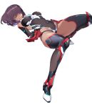  1girl absurdres boots breasts closed_mouth dark-skinned_female dark_skin gag hair_over_eyes highleg highres lying mizuki_yukikaze navel nesoberi purple_hair red_eyes shibari short_hair solo taimanin_(series) taimanin_suit thigh_boots thighs zny 