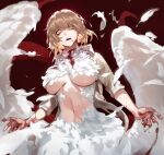  1girl blonde_hair blood breasts chimera dungeon_meshi falin_touden falin_touden_(chimera) feathered_wings feathers foolish_potato highres large_breasts looking_at_viewer monster_girl navel nude shirt short_hair taur torn_clothes underboob wings yellow_eyes 