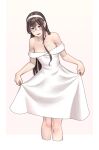  1girl alternate_costume bare_shoulders black_hair breasts clothes_lift commentary_request cowboy_shot dress dress_lift earrings green_eyes hairband highres jewelry kantai_collection long_hair necklace ooyodo_(kancolle) open_mouth semi-rimless_eyewear small_breasts smile solo strapless strapless_dress white_background white_hairband yuuji_(and) 