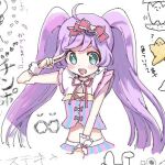  1girl :d ahoge bad_id bad_twitter_id commentary_request cropped_legs cropped_shirt green_eyes hand_up heath_(artist) idol_clothes inactive_account long_hair looking_at_viewer lowres manaka_laala midriff neck_ribbon oekaki open_mouth pink_ribbon pretty_series pripara purple_hair ribbon smile solo translation_request twintails v very_long_hair white_background wrist_cuffs 