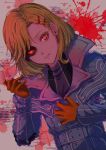  1other 24mbb androgynous antenna_hair aqua_coat blonde_hair coat corruption dark_persona fingerless_gloves gloves gnosia hair_between_eyes hair_ornament hairclip highres long_hair looking_at_viewer medium_hair orange_gloves other_focus red_eyes setsu_(gnosia) short_hair solo turtleneck 