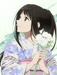  black_hair chitanda_eru flower hair_up highres holding holding_flower hyouka japanese_clothes kimono long_hair looking_up purple_eyes shiima smile teeth 