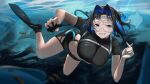  1girl absurdres black_hair black_shirt black_shorts black_wetsuit blue_eyes blue_hair blush bodysuit breasts bubble chest_belt diving diving_suit fish flippers goggles gradient_hair grey_headband grin hair_intakes headband highres hip_vent holding hololive hololive_english large_breasts looking_at_viewer midorimae multicolored_hair ouro_kronii rebreather revealing_clothes scuba scuba_gear shirt short_hair short_sleeves shorts shrimp smile solo stomach thighs underwater virtual_youtuber water wetsuit 