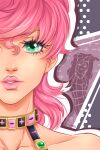  1girl choker close-up english_commentary eyelashes green_eyes hair_between_eyes highres jojo_no_kimyou_na_bouken laminanati looking_at_viewer math pink_lips pompadour short_hair signature solo stand_(jojo) trish_una upper_body 