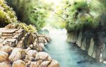  bush cliff dappled_sunlight day forest highres nature no_humans original painting_(medium) plant river riverbank scenery shadow shimizu_megumi_(m_acquerello) sunlight traditional_media tree watercolor_(medium) 