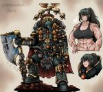  1girl abs adeptus_astartes armor axe black_hair chainmail commission gauntlets gun handgun helmet highres multicolored_hair muscular muscular_female octosoup plume power_armor red_eyes red_hair skull solo tan tank_top warhammer_40k weapon 