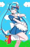  +_+ 1girl ;d alternate_costume apron back_bow black_choker blue_dress blue_eyes blue_hair blue_hat blush bow choker cloud collared_dress confetti dress frilled_dress frills hat hatsune_miku highres leg_up long_hair looking_at_viewer mesmerizer_(vocaloid) nanju_bami one_eye_closed open_mouth pinstripe_hat puffy_short_sleeves puffy_sleeves roller_skates short_sleeves skates smile socks striped_bow striped_clothes striped_dress striped_headwear twintails vertical-striped_clothes vertical-striped_dress vertical-striped_headwear very_long_hair visor_cap vocaloid white_apron white_socks white_wrist_cuffs wrist_cuffs 