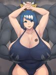  1boy 1girl armpits arms_up bestiality blue_eyes blue_hair blue_one-piece_swimsuit breast_tattoo breasts cleavage colored_skin covered_navel extra_arms grabbing grabbing_another&#039;s_breast grabbing_from_behind grey_skin highres huge_breasts lana&#039;s_mother_(pokemon) looking_at_viewer machamp metal_owl_(aden12) muscular muscular_male one-piece_swimsuit open_mouth plump pokemon pokemon_(creature) pokephilia swimsuit tattoo 
