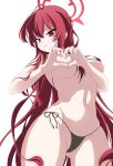  1girl absurdres bandaid bandaid_on_face bikini black_bikini blue_archive blush breasts cleavage covered_nipples front-tie_top halo heart heart_hands highres kokolokokomika large_breasts long_hair looking_at_viewer micro_bikini navel rabu_(blue_archive) red_eyes red_hair side-tie_bikini_bottom simple_background solo string_bikini swimsuit white_background white_bikini 