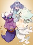  3girls aqua_eyes aqua_hair asymmetrical_docking bare_shoulders blue_hair blush breast_envy breast_press breasts cleavage colored_skin cyclops en&#039;enra enraenra_(youkai_watch) flame-tipped_tail fubukihime fuumin_(youkai_watch) hair_horns hair_over_one_eye high_ponytail highres japanese_clothes kimono kmnk_(kumanuko) large_breasts licking_lips long_hair multicolored_hair multiple_girls off_shoulder one-eyed pointy_ears purple_skin red_eyes tears tongue tongue_out traditional_youkai two-tone_hair white_hair youkai_(youkai_watch) youkai_watch yuki_onna 