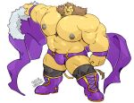 2020 abs anthro areola biceps big_bulge big_muscles biped boots brown_hair bulge cape clothing digital_drawing_(artwork) digital_media_(artwork) duke_(megawaffle) felid footwear fur hair hi_res huge_muscles king lion male mammal mane megawaffle_(artist) muscular muscular_anthro muscular_male nipples pantherine pecs purple_boots purple_cape purple_clothing purple_footwear purple_underwear royalty solo tail underwear yellow_body yellow_fur