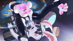 ambiguous_gender blush bodysuit clothing devilbeing_(artist) eyewear feet hi_res lagomorph leporid looking_at_viewer mammal pawpads paws rabbit skinsuit solo sunglasses tight_clothing warden-1 white_body