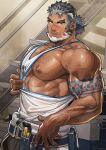  1boy abs arm_hair arm_tattoo bara beard blue_eyes chest_hair commentary_request facial_hair highres indie_virtual_youtuber kaito_navigator looking_at_viewer male_focus mixed-language_commentary multicolored_hair muscular muscular_male mustache_stubble nipples pectorals ponytail scar scar_on_face scar_on_nose smile stubble sweat tank_top tattoo tongue tongue_out tool_belt veins veiny_arms very_sweaty wasp_(anthyutena) white_tank_top 