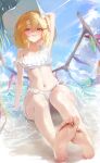  1girl absurdres alternate_costume arm_support arm_up bare_legs barefoot bikini blonde_hair blue_sky blush breasts commentary crystal_wings feet flandre_scarlet foot_focus frilled_bikini frills hat highres licking_lips looking_at_viewer medium_hair mookie_(e_mook9) navel ocean outdoors red_eyes shallow_water sitting sky small_breasts smile soles solo stomach sun_hat swimsuit toes tongue tongue_out touhou water white_bikini white_hat wide_hips 