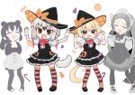  4girls :d ^_^ animal_ears arms_up black_dress black_hair black_hat black_pantyhose black_shirt blonde_hair blush blush_stickers bow brown_eyes candy candy_cane candy_wrapper character_request closed_eyes commission dress food grey_hair grey_shirt hair_between_eyes hands_up hat hat_bow highres kemono_friends kibisake lollipop multiple_girls notice_lines orange_bow pantyhose puffy_short_sleeves puffy_sleeves shirt short_sleeves simple_background skeb_commission skirt sleeveless sleeveless_dress smile standing striped_clothes striped_thighhighs swirl_lollipop tail thighhighs white_background white_skirt witch_hat wrist_cuffs 