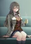  1girl absurdres black_socks blazer breasts brown_eyes brown_hair brown_jacket coat coffee collared_shirt cup futaba_rio glasses hair_between_eyes highres holding holding_cup jacket kneehighs lab_coat large_breasts long_hair looking_at_viewer mug necktie open_clothes open_coat red_necktie saikunartworks school_uniform seishun_buta_yarou shirt sitting skirt socks solo white_coat white_shirt 