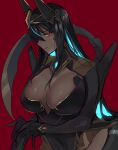  1girl absurdres arm_armor armored_gloves armored_leotard black_hair blue_hair breasts cleavage colored_inner_hair dark-skinned_female dark_skin glowing glowing_hair goddess_of_victory:_nikke headgear highres indivilia_(nikke) large_breasts looking_at_viewer mechanical_tail multicolored_hair red_background red_eyes sakuhane_saiga solo tail 