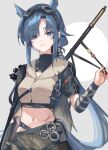  1girl absurdres animal_ears arknights blue_eyes blue_hair breasts cleavage extra_ears eyewear_on_head fang_(arknights) fang_the_fire_sharpened_(arknights) glasses highres holding holding_weapon horse_ears horse_girl long_hair mabing midriff multicolored_shirt pants pouch scar smile strap weapon 