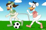 almanda_de_quack alternate_form alternate_universe anatid anseriform anthro avian avian_butt ball bird black_hair_bow bottomless bottomless_anthro bottomless_female brown_hair clothed clothing cloud cloudy_sky cousins_(lore) daisy_duck disney duck ducktales ducktales_(2017) duo eyeshadow female footwear green_clothing green_footwear green_hair_bow green_shirt green_shoes green_topwear hair hi_res long_hair lunula_(artist) makeup mascara open_mouth open_smile pantsless pantsless_anthro pantsless_female pink_clothing pink_eyeshadow pink_footwear pink_shirt pink_shoes pink_topwear shirt shirt_and_shoes_only shoes sky smile soccer soccer_ball soccer_goal soccer_jersey soccer_net soccer_player soccer_uniform sport sportswear sprinting topwear uniform white_hair