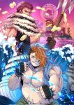  2boys bare_pectorals belly borrowed_character charlotte_katakuri clenched_hands cowboy_shot fighting_stance fish_boy grin hair_over_one_eye highres holding_trident large_pectorals looking_at_viewer male_focus maren_(mewtides) multiple_boys muscular muscular_male navel navel_hair nipples one_piece pectorals pink_hair plump satsu_(satsscarlet) scarf scarf_over_mouth second-party_source sharp_teeth short_hair smile spikes standing stomach teeth thick_arm_hair 