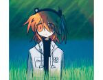  1girl a.i._voice adachi_rei arms_at_sides black_shirt blurry blurry_background day expressionless grass hair_ribbon headlamp headset highres hood hood_down hooded_jacket jacket long_hair long_sleeves looking_at_viewer nentsukihi one_side_up open_clothes open_jacket orange_eyes orange_hair outdoors pillarboxed radio_antenna ribbon shirt solo straight-on tall_grass tree turtleneck turtleneck_shirt upper_body utau white_jacket white_ribbon 