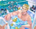  1boy bathtub blonde_hair blurry blurry_foreground bottle chain_necklace eni_(yoyogieni) faucet feet_out_of_frame final_fantasy final_fantasy_viii green_eyes hair_slicked_back highres holding holding_towel jewelry looking_at_viewer male_focus necklace nude out_of_frame parted_lips partially_submerged rubber_duck scar scar_on_face scar_on_forehead seifer_almasy short_hair solo_focus tiles towel wet 