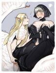  2girls black_dress blonde_hair blush breasts co1fee cosplay costume_switch cross-laced_clothes dress dungeon_meshi falin_touden feathers flying_sweatdrops grey_hair highres large_breasts long_hair marcille_donato marcille_donato_(cosplay) marcille_donato_(lord) medium_breasts muffin_top multiple_girls plump role_reversal spoilers squiggle white_feathers wings 