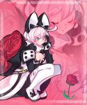  1girl ahoge animal_ears blue_eyes blush blush_stickers boots bouquet breasts cleavage cleavage_cutout closed_eyes clothing_cutout collar dress elphelt_valentine english_commentary fake_animal_ears flower full_body guilty_gear guilty_gear_xrd highres pink_theme poopiepluto rabbit_ears red_flower red_rose rose short_hair solo spiked_collar spikes thigh_boots white_dress white_footwear white_hair zoom_layer 