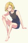  1other 24mbb alternate_costume antenna_hair bare_arms bare_shoulders barefoot blonde_hair feet gnosia hair_between_eyes hair_ornament hairclip highres looking_at_viewer other_focus red_eyes setsu_(gnosia) short_hair simple_background solo toes 