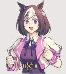  1girl animal_ears bow breasts brown_hair clenched_hands collared_shirt cropped_jacket cropped_torso ear_bow grey_background horse_ears jacket looking_at_viewer multicolored_hair neck_ribbon open_clothes open_jacket open_mouth puffy_short_sleeves puffy_sleeves purple_eyes ribbon shirt short_hair short_sleeves simple_background small_breasts smile solo special_week_(umamusume) two-tone_hair umamusume upper_body uruimu vest white_jacket white_shirt wrist_cuffs 