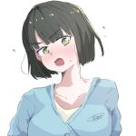  1girl black_hair blue_cardigan blunt_bangs blunt_ends blush breasts bright_pupils cardigan collarbone commentary_request dhuno_g embarrassed green_eyes head_tilt highres large_breasts link!_like!_love_live! looking_at_viewer loungewear love_live! lower_teeth_only momose_ginko open_mouth shirt short_hair simple_background solo teeth upper_body v-shaped_eyebrows virtual_youtuber white_background white_pupils yellow_shirt 