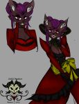 absurd_res anthro bat big_collar big_fangs black_and_red_outfit breasts classy clothing devilpanther dress fangs female hair henrietta_(devilpanther) hi_res long_hair mammal medium_breasts pink_eyes purple_body purple_hair purple_skin red_clothing red_dress smile solo teeth tired_eyes victorian_style 