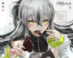  1girl a0lp bare_shoulders black_hair candy chocolate chocolate_bar commission eating fate/grand_order fate_(series) food green_eyes grey_hair hair_between_eyes highres holding jacket long_hair looking_at_viewer multicolored_clothes multicolored_hair multicolored_jacket nagao_kagetora_(fate) pixiv_commission portrait shirt smile solo two-tone_hair two-tone_jacket uesugi_kenshin_(fate) uesugi_kenshin_(second_ascension)_(fate) white_jacket 