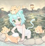  1girl :3 absurdres animal_ears bamboo_fence bare_arms bare_shoulders blue_hair blush cat_ears cat_girl cat_tail closed_eyes closed_mouth collarbone commission copyright_request fence flat_chest green_eyes highres kibisake naked_towel on_head onsen short_hair skeb_commission soap_bubbles solo standing stone_lantern tail towel water 
