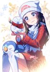  1girl black_hair blue_eyes blush character_snowman closed_mouth dawn_(pokemon) dress hair_ornament hairclip hat highres long_hair long_sleeves piplup pokemon pokemon_(creature) pokemon_dppt pokemon_platinum red_dress scarf shi_mohaji smile snowflakes thighhighs white_hat white_scarf white_thighhighs 