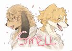  2boys absurdres animal_ears cherry_blossoms copyright_name dog_boy dog_ears falling_petals fangs furry furry_male hashtag-only_commentary highres joseph_(smell) male_focus multiple_boys noi_(smell) open_mouth petals profile shirt sisijimakarashi smell_(nagabe) tongue tongue_out upper_body white_background white_shirt 