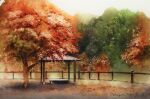  autumn_leaves bench dappled_sunlight fence forest highres leaf maple_leaf maple_tree nature no_humans original park park_bench path plant post_and_rail_fence scenery shelter shimizu_megumi_(m_acquerello) sunlight tree wooden_fence 