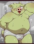 2024 anthro belly big_belly blush bodily_fluids clothing domestic_pig green_body kemono kurobosi_48 male mammal moobs navel one_eye_closed overweight overweight_male solo suid suina sus_(pig) sweat underwear wink