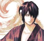  1boy bandaged_head bandages black_hair closed_mouth cma_cmakuma collarbone furrowed_brow gintama hair_between_eyes hair_over_one_eye japanese_clothes light_smile looking_at_viewer male_focus one_eye_covered red_eyes short_hair solo takasugi_shinsuke upper_body 
